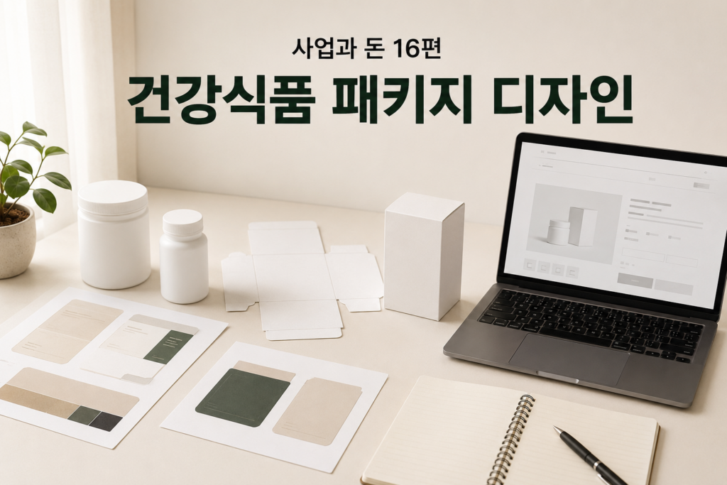 건강식품 단상자와 용기 라벨, 상세페이지 디자인 시안을 함께 검토하는 모습