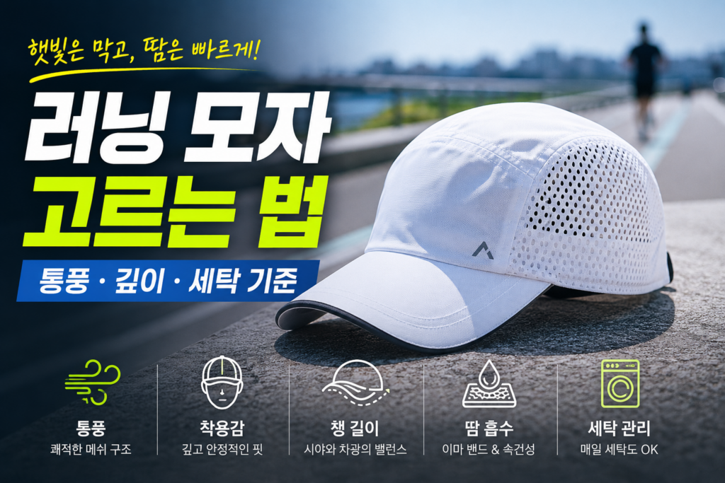 통풍용 메쉬와 짧은 챙이 적용된 가벼운 러닝 모자를 야외 러닝 코스 옆에 놓은 모습