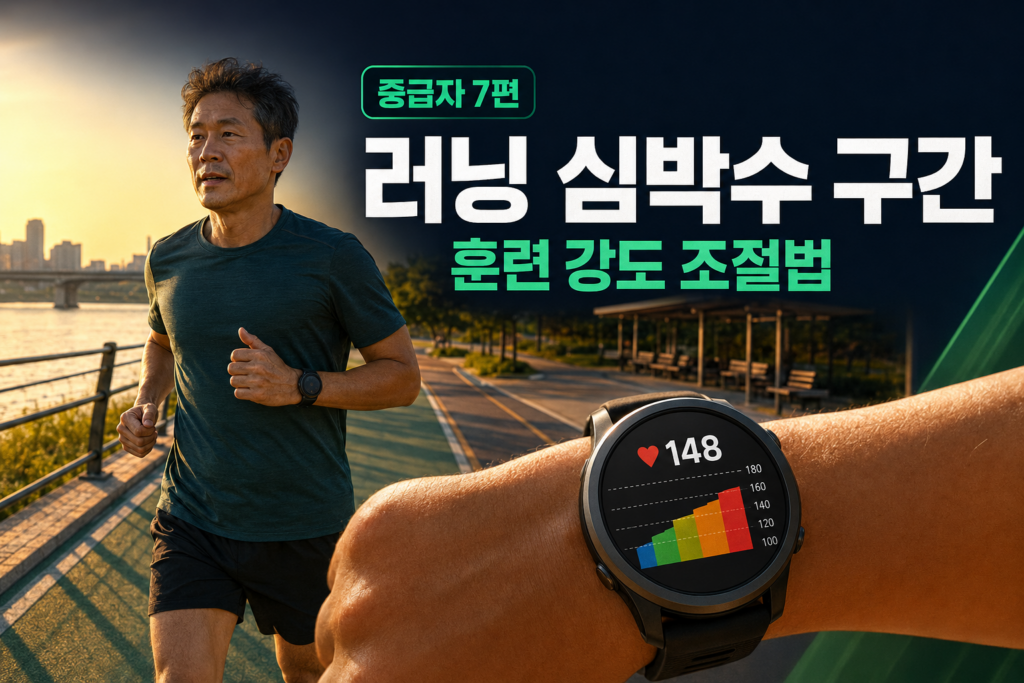 러닝워치의 심박수 화면을 확인하며 훈련 강도를 조절하는 중급 러너