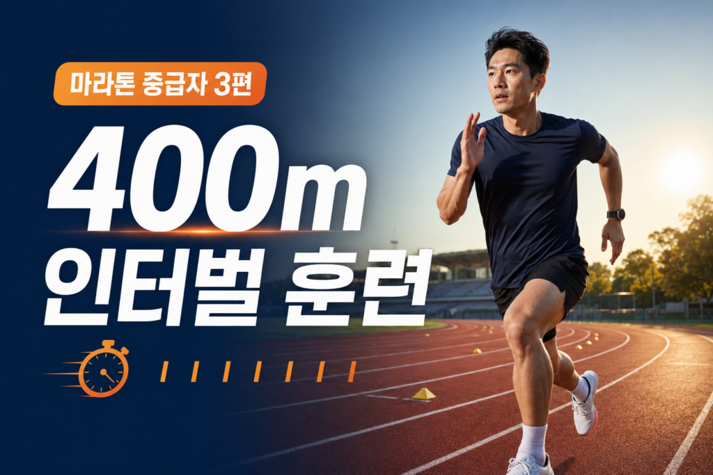 러닝 트랙에서 400m 빠른 달리기와 회복 조깅을 반복하는 중급 러너