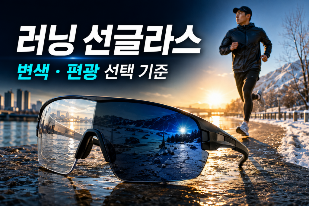 변색 렌즈와 편광 렌즈 러닝 선글라스를 비교하는 야외 러닝 장면