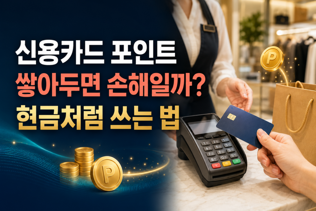 오프라인 매장에서 신용카드 포인트를 현금처럼 사용하고 잔액과 소멸 예정 포인트를 확인하는 모습