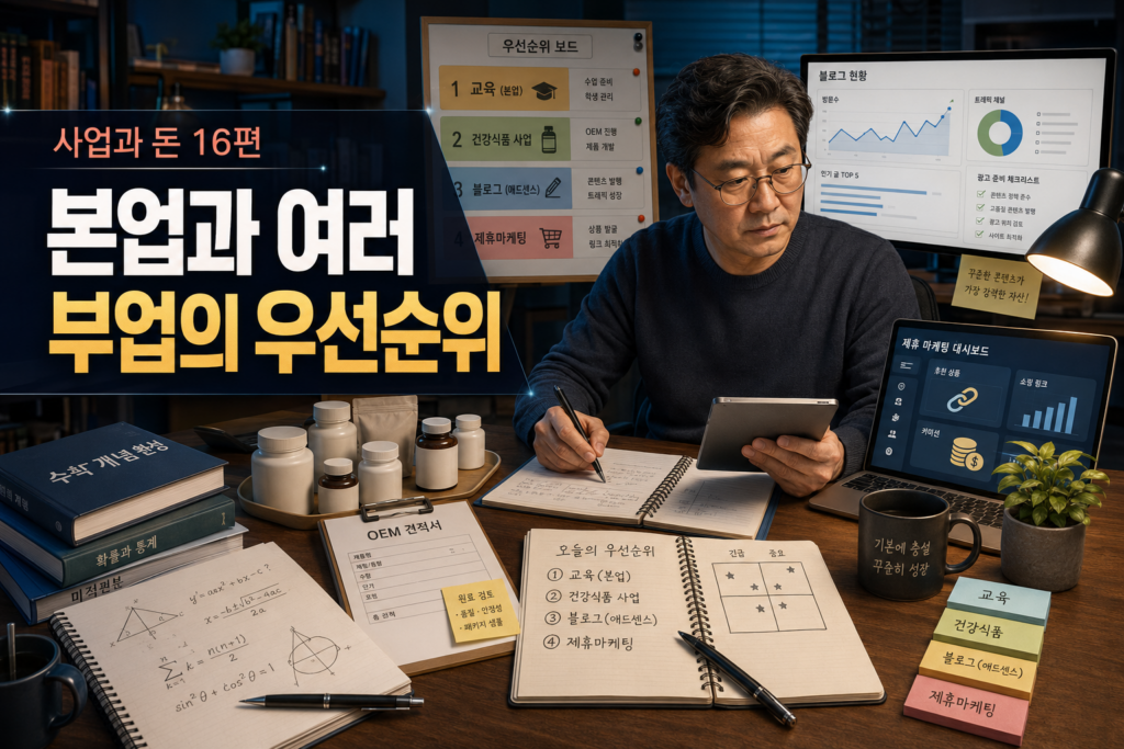 수학강사 본업과 건강식품 판매업, 블로그 및 제휴마케팅 준비 업무의 우선순위를 정리하는 1인 사업자