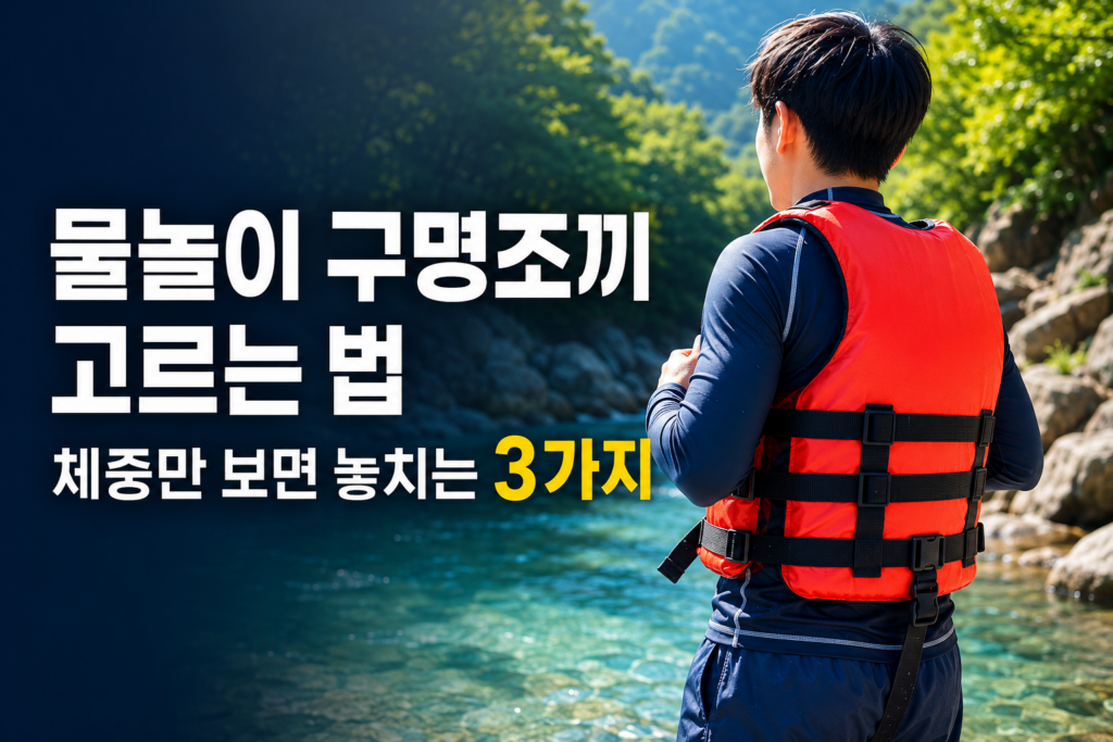 물놀이 전 체중과 착용감을 확인하고 가랑이 고정끈까지 연결한 어린이 구명조끼