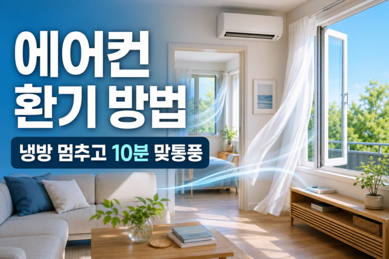 에어컨 냉방을 멈추고 거실과 맞은편 방 창문을 열어 환기하는 모습