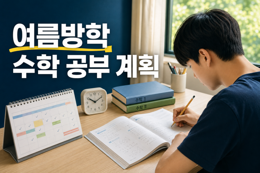 여름방학 수학 학습계획표와 문제집을 펼쳐 놓고 공부하는 중고등학생