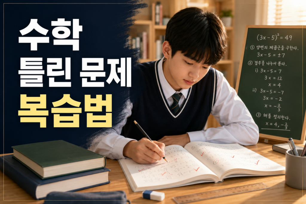 수학 문제집의 틀린 문제를 다시 풀고 칠판에 풀이 과정을 설명하는 학생