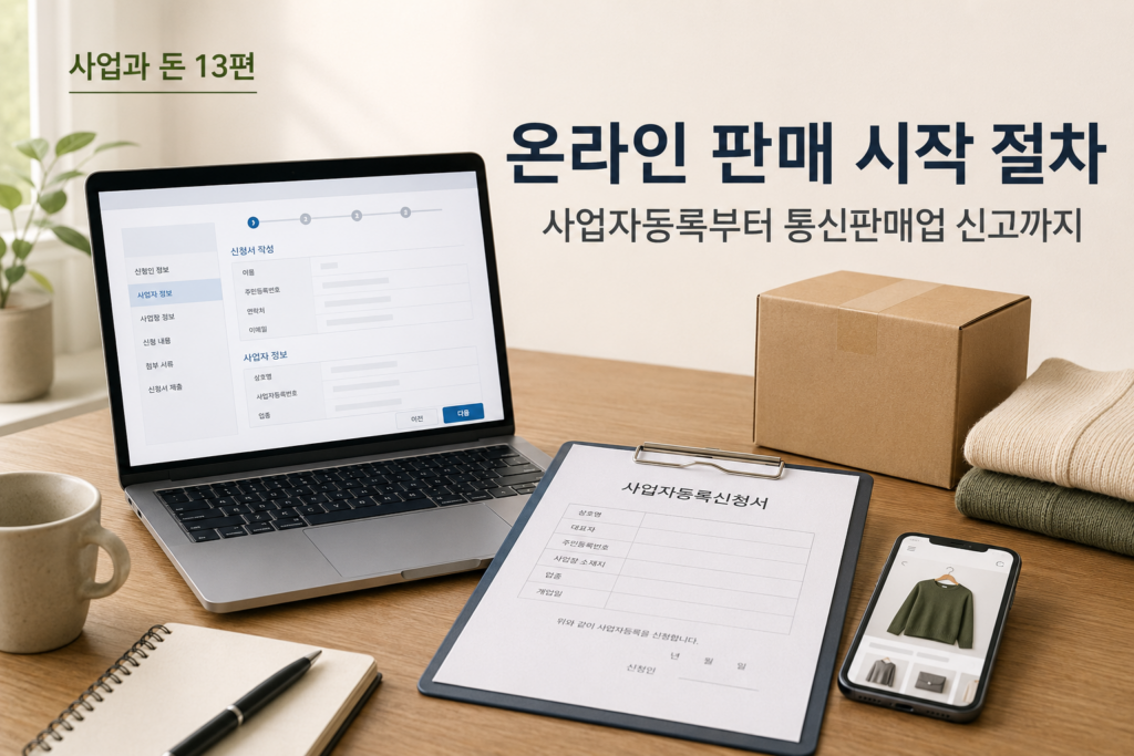 노트북으로 정부24 통신판매업 신고 절차를 확인하는 1인 온라인 판매자