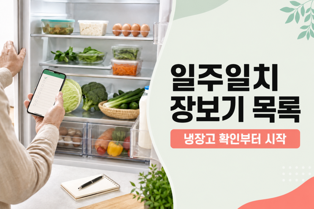 냉장고의 남은 식재료를 확인하며 휴대폰과 수첩에 일주일치 장보기 목록을 작성하는 모습