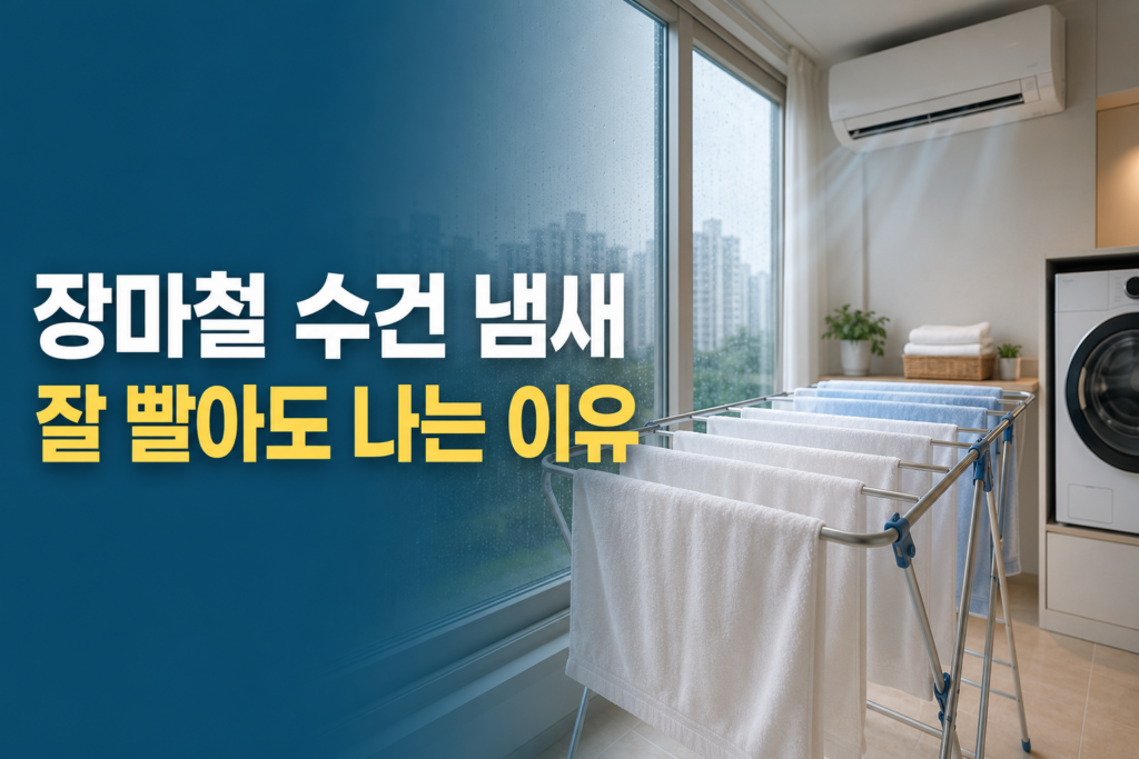 장마철 실내 건조대의 수건과 작동 중인 에어컨을 확인하는 모습