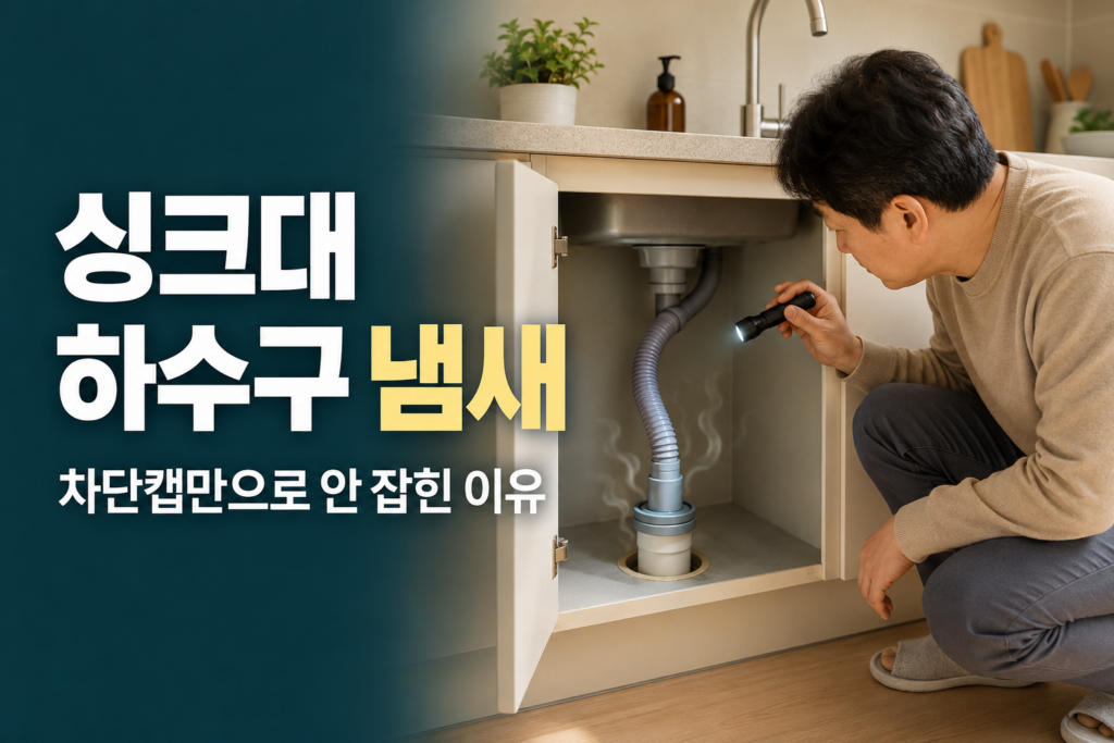 싱크대 아래 수납장 안의 배수호스 연결부와 냄새 차단캡을 확인하는 모습
