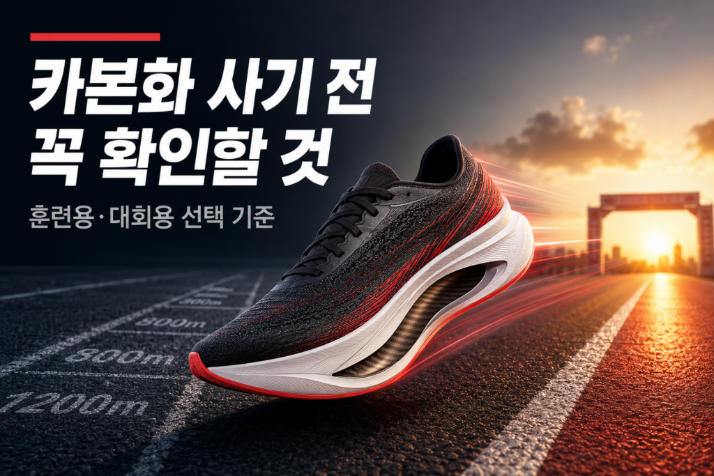 카본화 세 켤레를 두고 훈련용과 마라톤 대회용 선택 기준을 비교하는 장면
