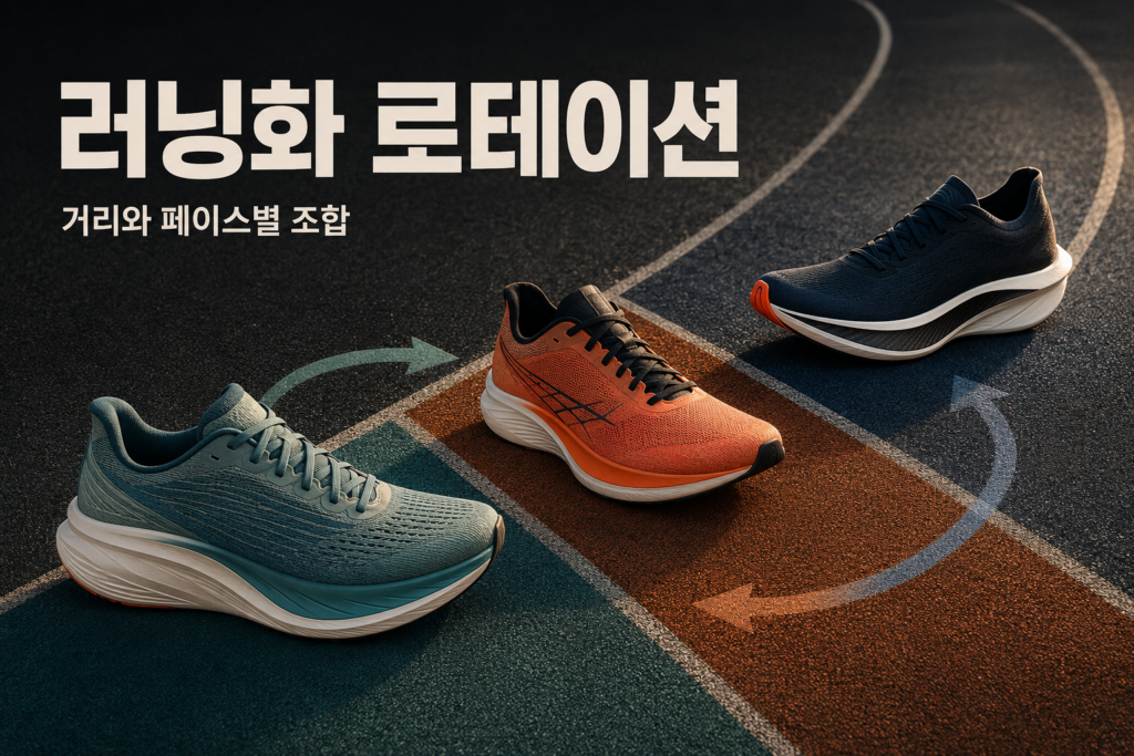 조깅화와 템포런화, 대회화를 훈련 목적별로 나누어 놓은 러닝화 로테이션
