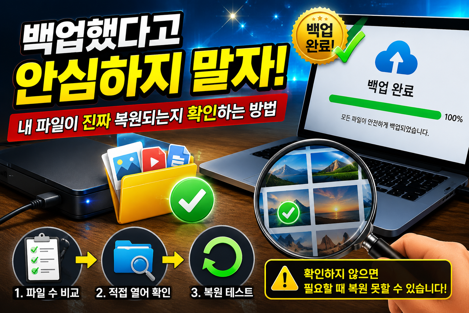 외장하드에 백업한 사진과 파일을 직접 열어 정상적으로 복원되는지 확인하는 모습